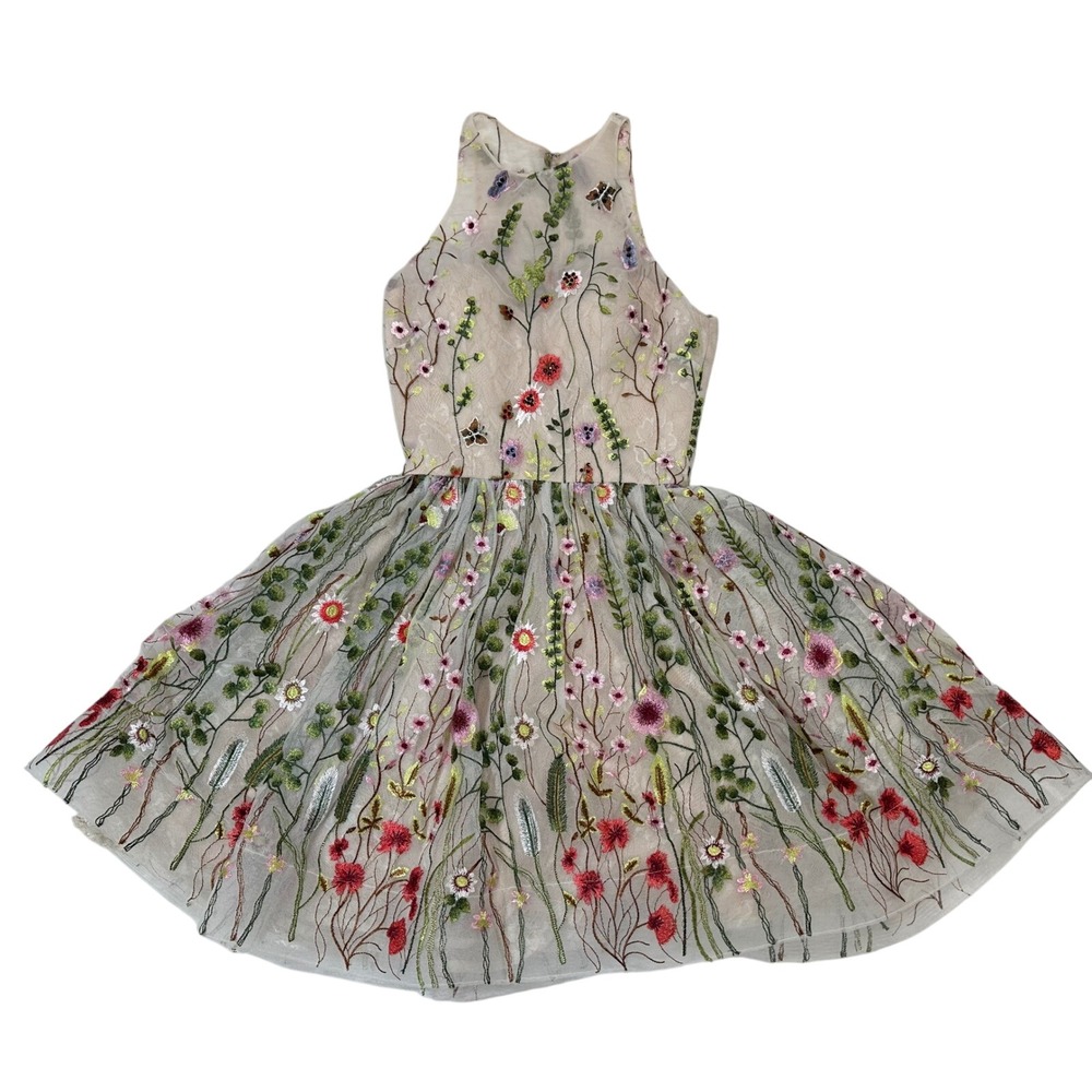 Terani Couture Women's Beige Floral Embroidered Tulle Halter Dress Size 2